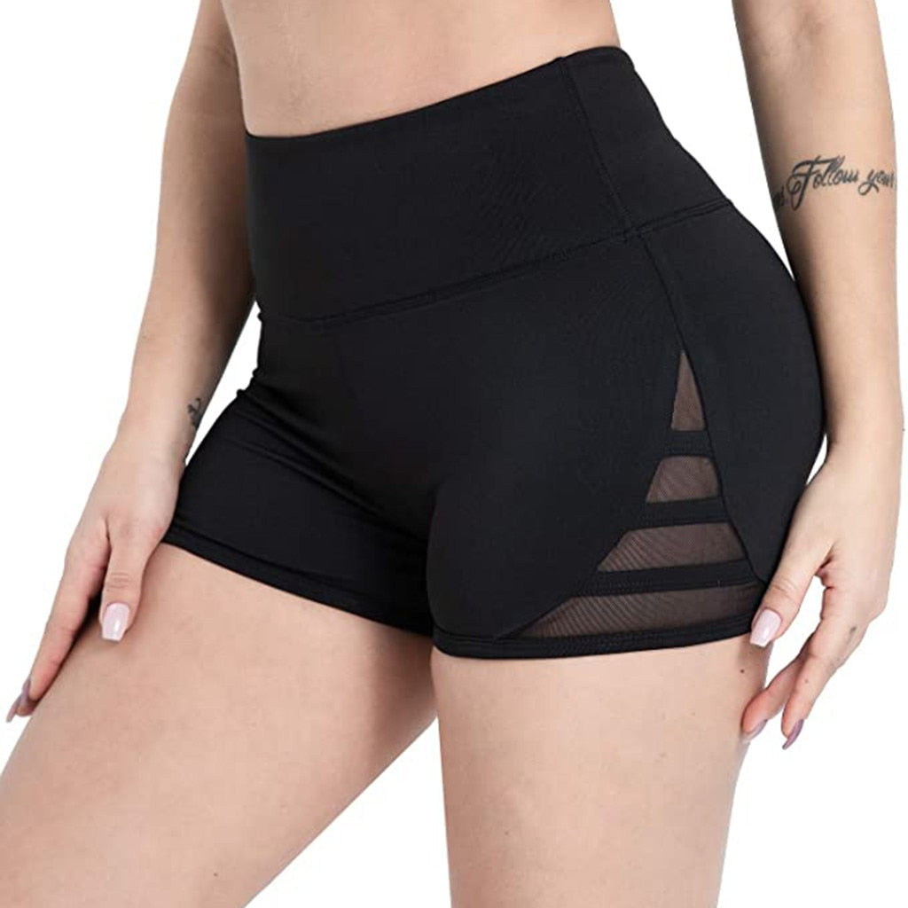 Women Sexy Thin Fitness Running Shorts Casual Ladies Slim High-Waist Summer Bottom Mesh Patchwork Shorts Bodycon Streetwear